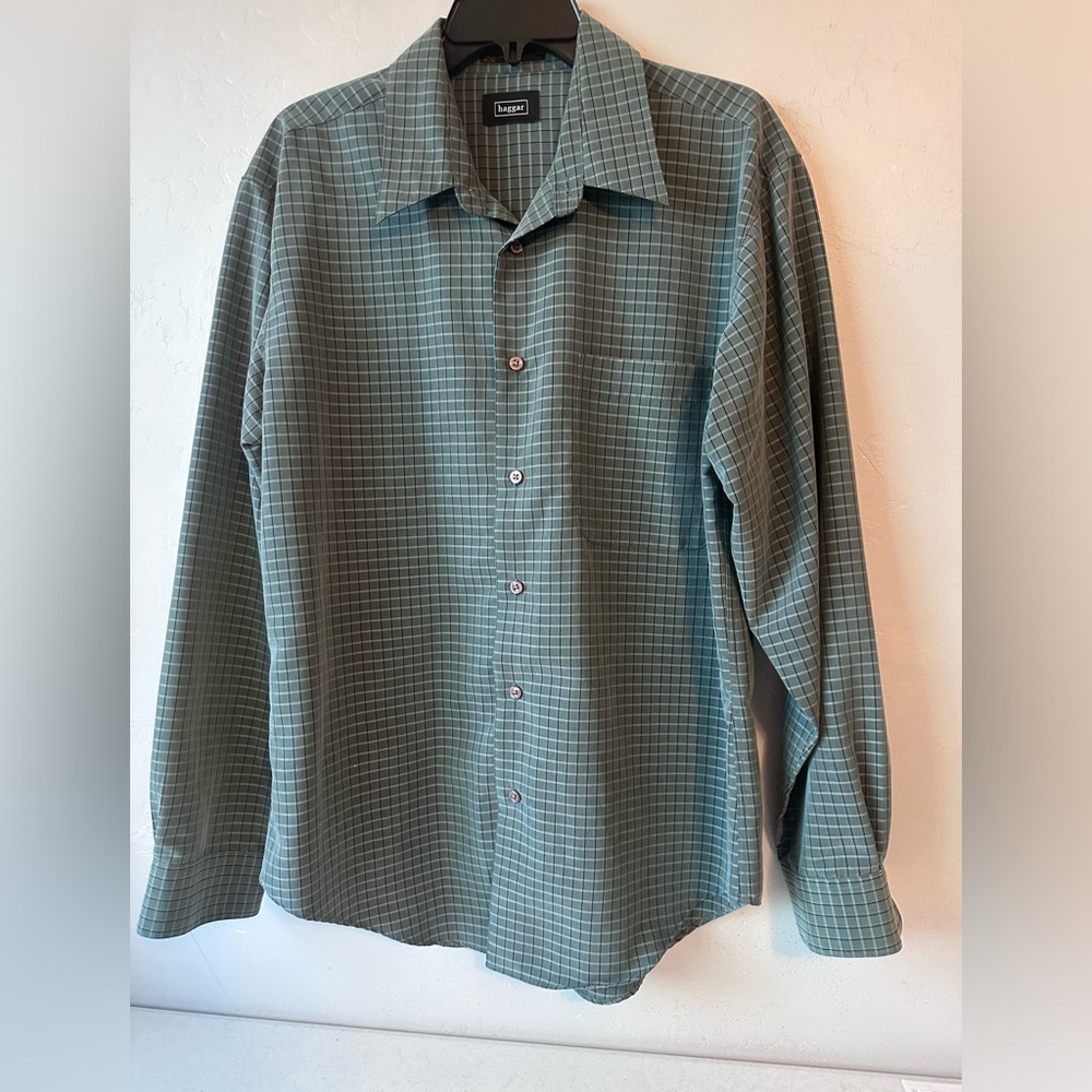 Haggar Green Black Checkered Shirt Size Large Long Sleeve Button Down